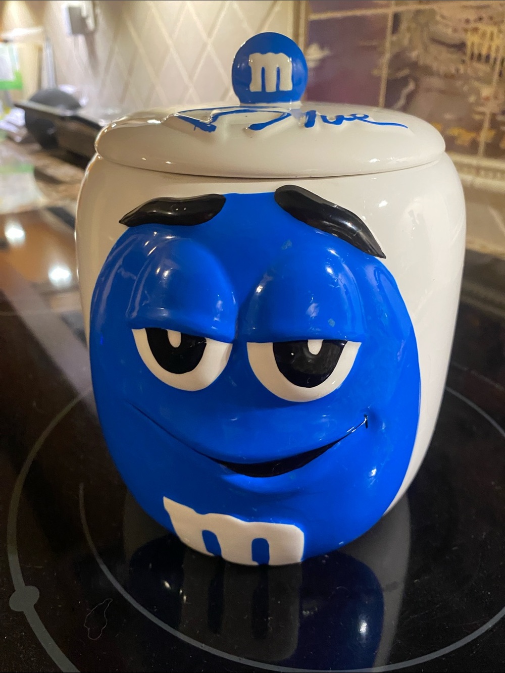 M&M'S Blue Character Ceramic Cookie Jar with White Base
